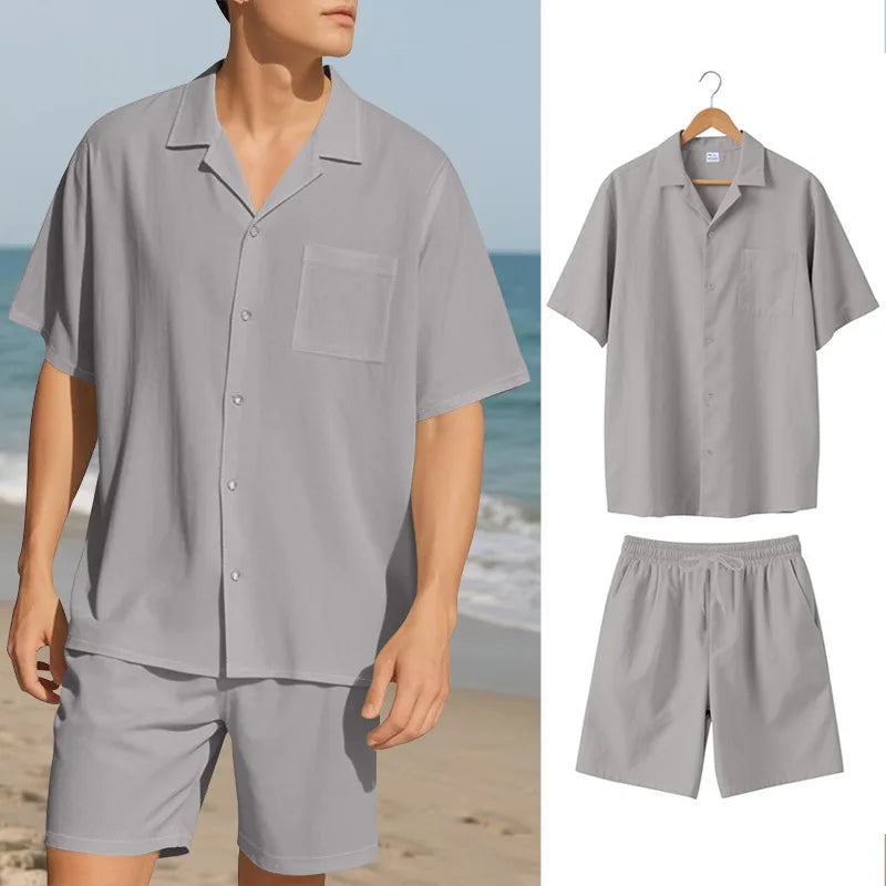 Herresæt Bomuld Polyester Blanding | Relaxed Fit Skjorte & Shorts Sæt | Knaplukning Skjorte til Sommerbrug & Fritidsaktiviteter | Vanero