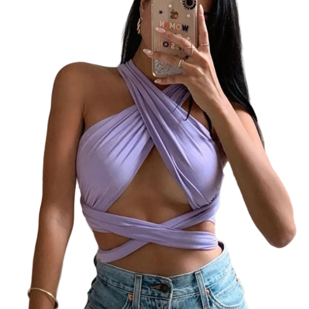 Dame Halter Crop Top | Ærmeløs Top Med Krydsede Stropper Og Stretch | Hverdagsbrug Og Sommer | Vanero
