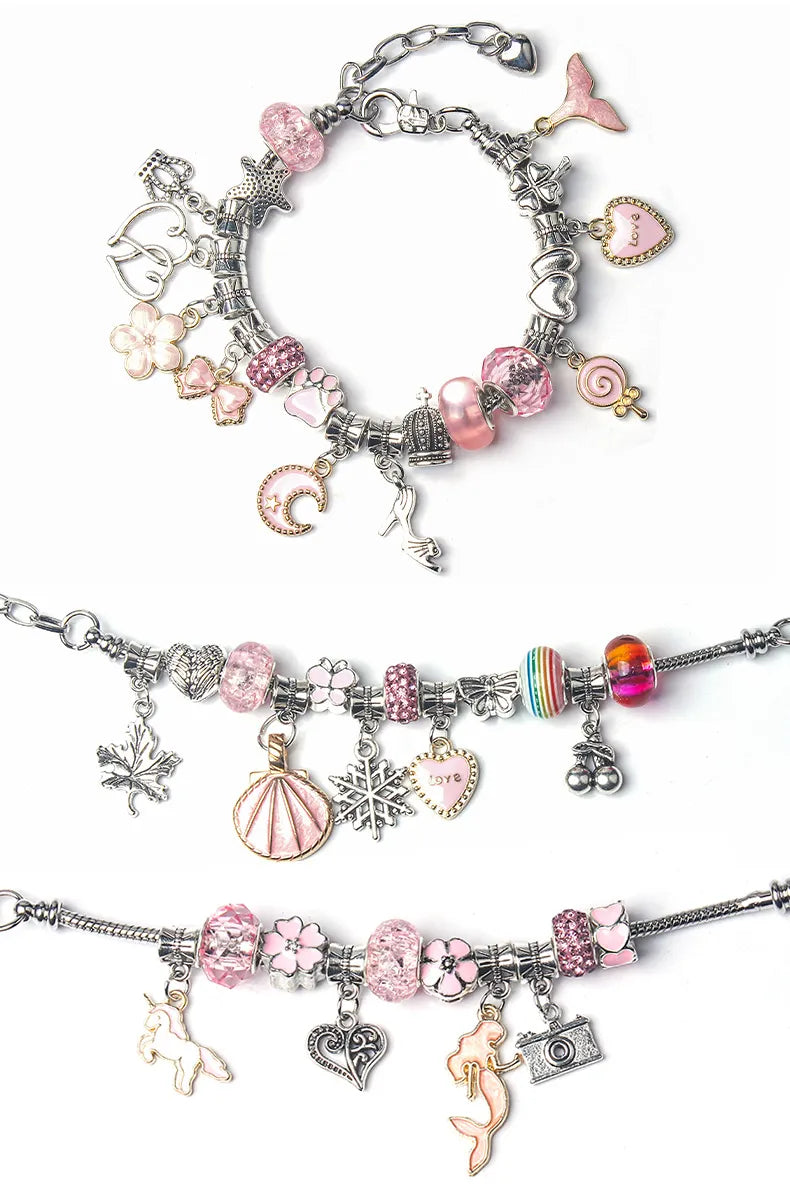 DIY Charm Armbåndssæt Sølvfarvede Komponenter | Justerbart Smykkefremstillingssæt | Perler & Charms Til Kreative Smykkeprojekter | Vanero