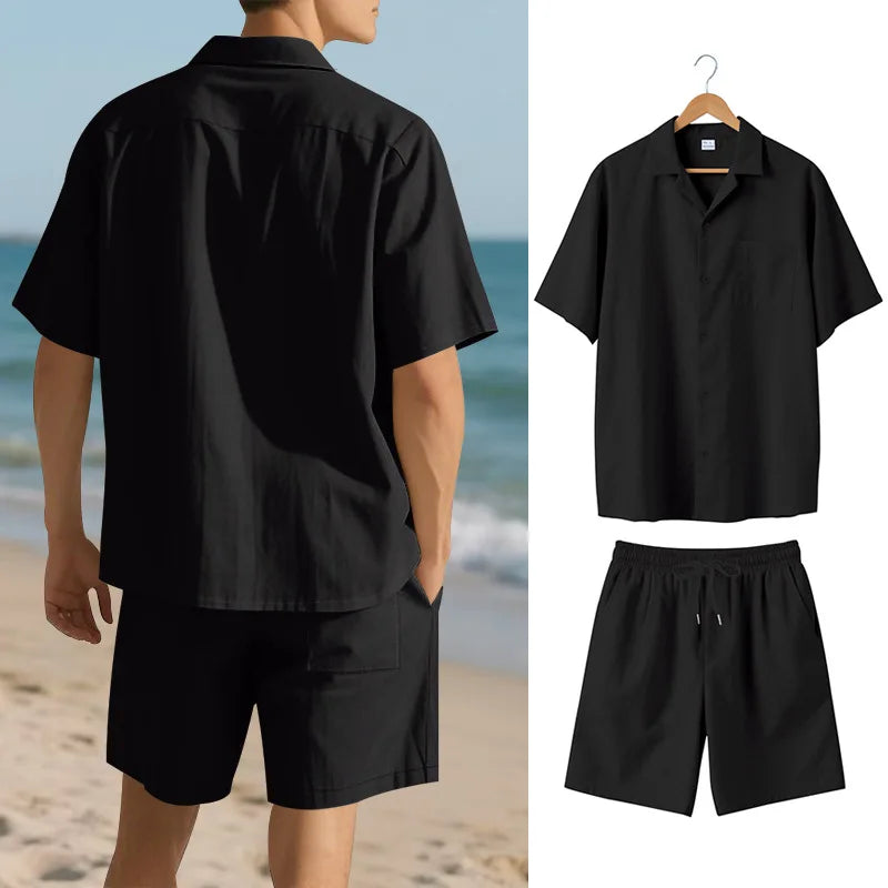 Herresæt Bomuld Polyester Blanding | Relaxed Fit Skjorte & Shorts Sæt | Knaplukning Skjorte til Sommerbrug & Fritidsaktiviteter | Vanero