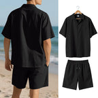 Herresæt Bomuld Polyester Blanding | Relaxed Fit Skjorte & Shorts Sæt | Knaplukning Skjorte til Sommerbrug & Fritidsaktiviteter | Vanero