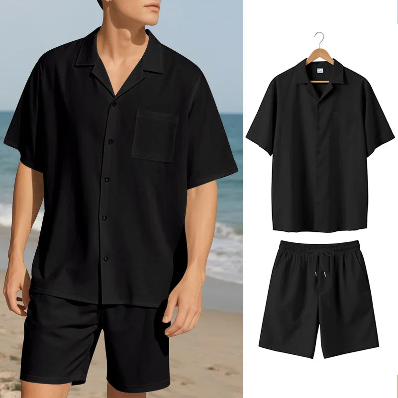 Herresæt Bomuld Polyester Blanding | Relaxed Fit Skjorte & Shorts Sæt | Knaplukning Skjorte til Sommerbrug & Fritidsaktiviteter | Vanero