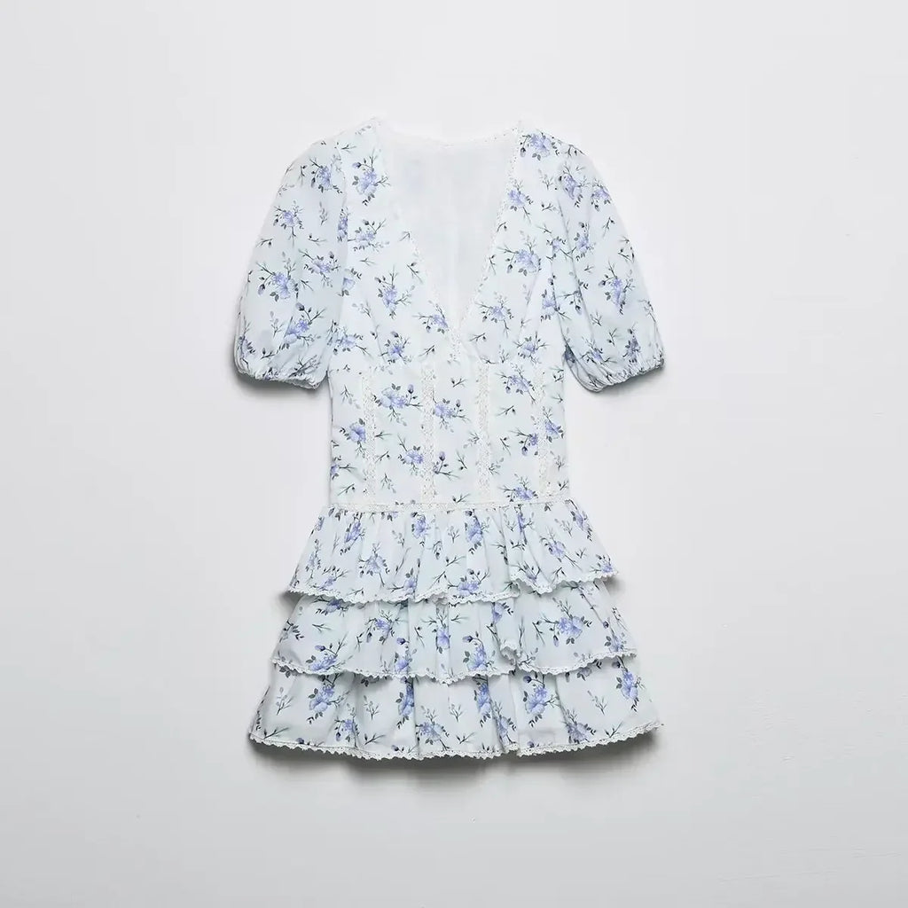 Ravikna Let Tekstilmateriale | Regular Fit Minikjole | Blomsterprint & Flæsedetaljer til Hverdagsbrug & Arrangementer | Vanero