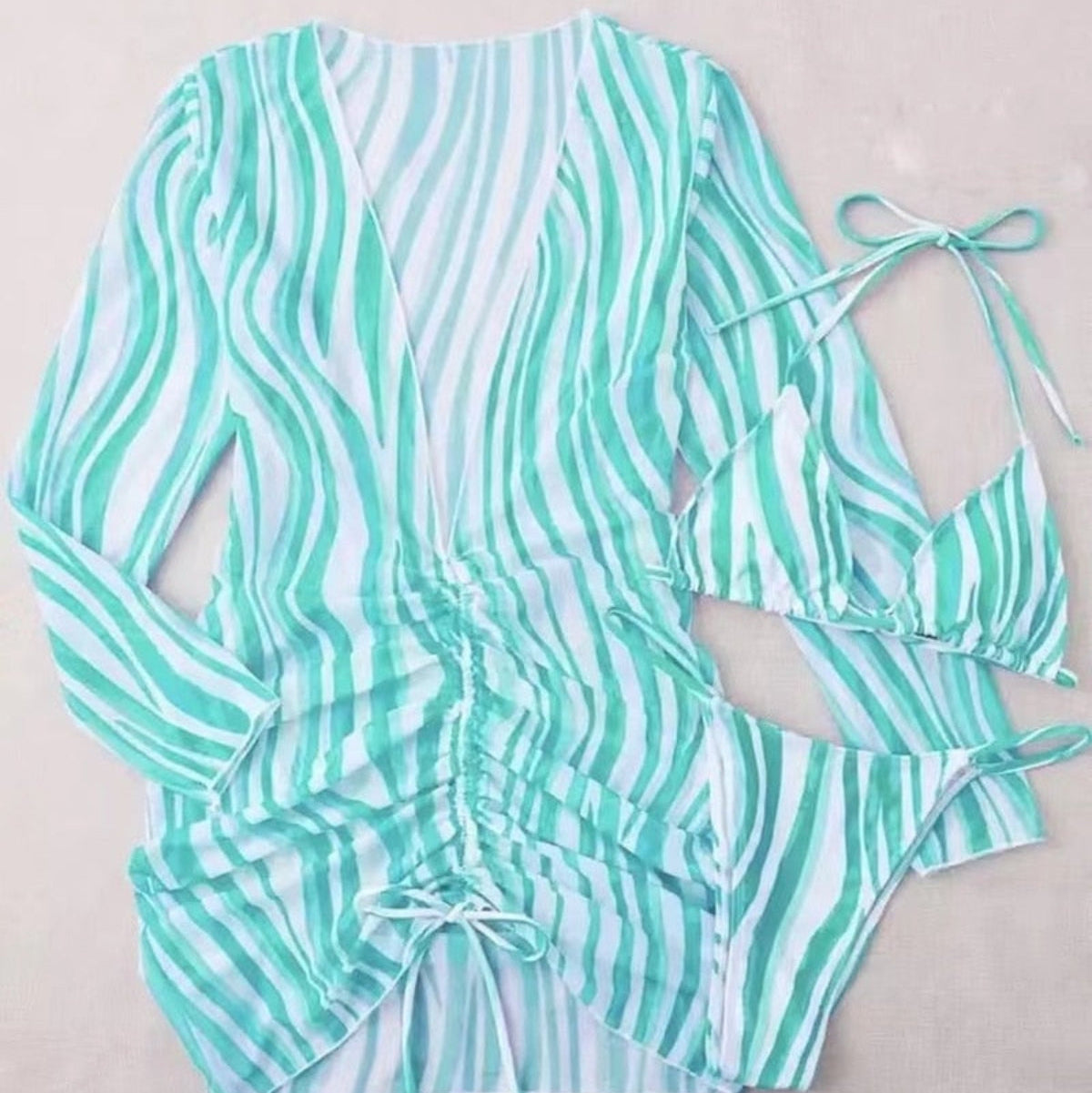 Dame Bikinisæt Polyester | Tredelt Badetøjssæt | Cover-Up Kjole med Zebra-Inspireret Mønster til Strand- og Poolbrug | Vanero