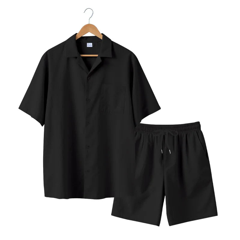 Herresæt Bomuld Polyester Blanding | Relaxed Fit Skjorte & Shorts Sæt | Knaplukning Skjorte til Sommerbrug & Fritidsaktiviteter | Vanero