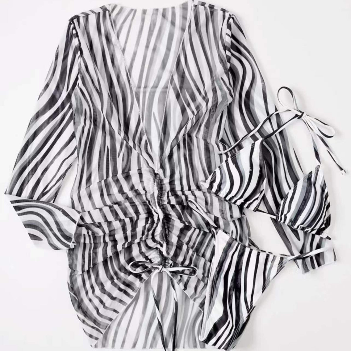 Dame Bikinisæt Polyester | Tredelt Badetøjssæt | Cover-Up Kjole med Zebra-Inspireret Mønster til Strand- og Poolbrug | Vanero