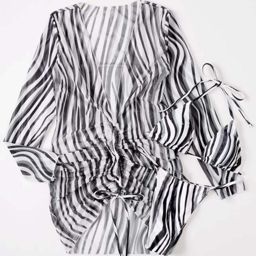 Dame Bikinisæt Polyester | Tredelt Badetøjssæt | Cover-Up Kjole med Zebra-Inspireret Mønster til Strand- og Poolbrug | Vanero
