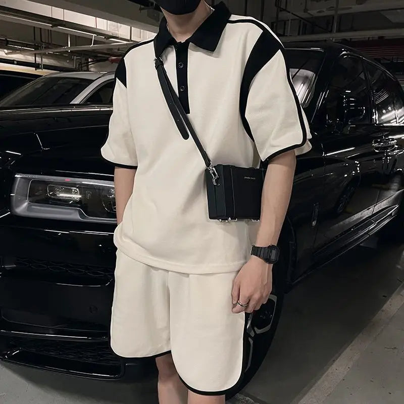 Herresæt Bomuld Polyester Blanding | Relaxed Fit To-Delt Sæt | Kontrastdetaljer med Shorts til Hverdagsbrug & Fritidsaktiviteter | Vanero