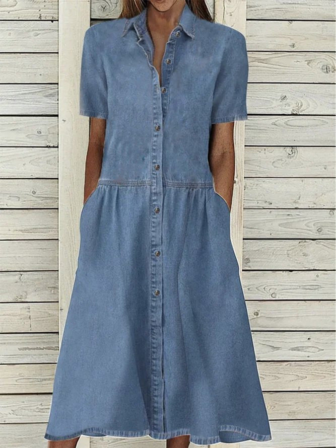 Kvinder Kjoler Afslappet Krave Knap Lomme Denim Kjole | Stilfuld & Trendy | Vanero