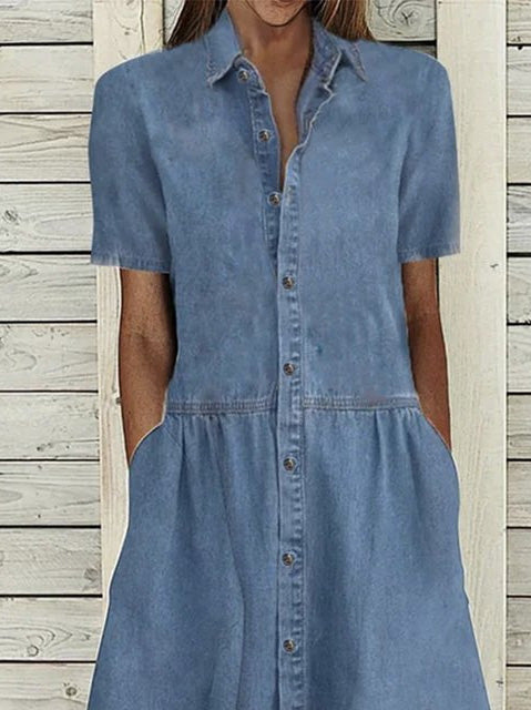 Kvinder Kjoler Afslappet Krave Knap Lomme Denim Kjole | Stilfuld & Trendy | Vanero
