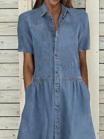 Kvinder Kjoler Afslappet Krave Knap Lomme Denim Kjole | Stilfuld & Trendy | Vanero