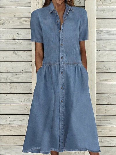 Kvinder Kjoler Afslappet Krave Knap Lomme Denim Kjole | Stilfuld & Trendy | Vanero