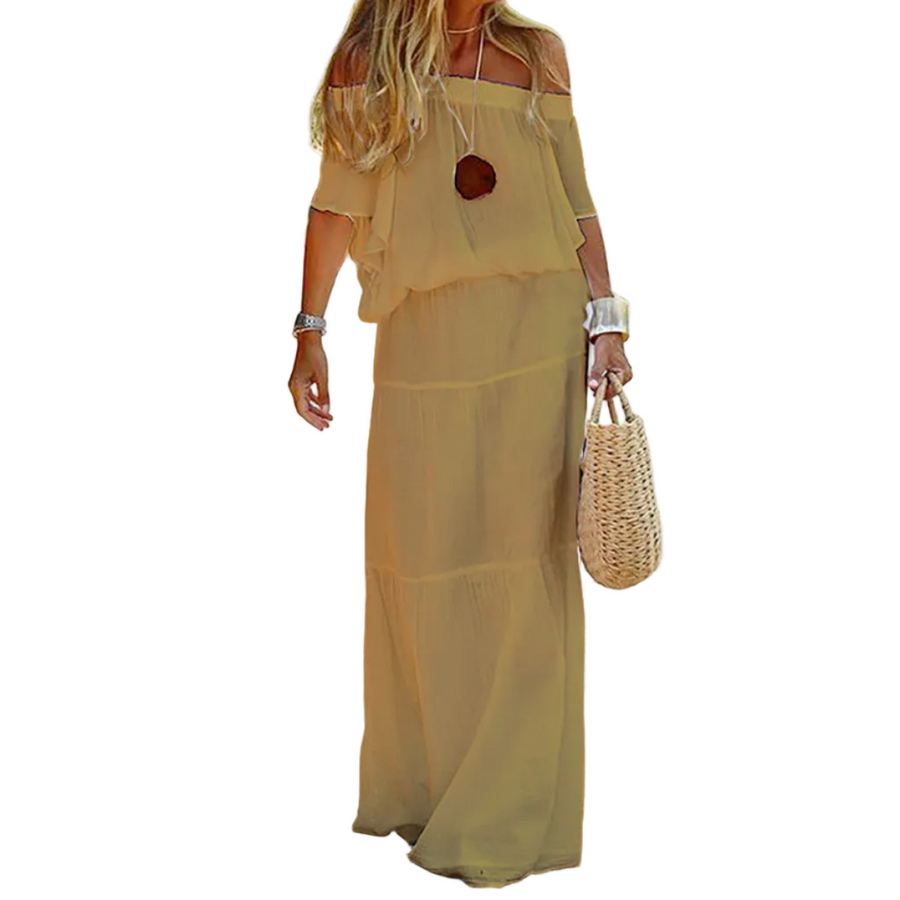 Off Shoulder Sommerkjole | Maxikjole Med Elastisk Talje Og 3/4 Ærmer | Hverdagsbrug I Varmt Vejr | Vanero