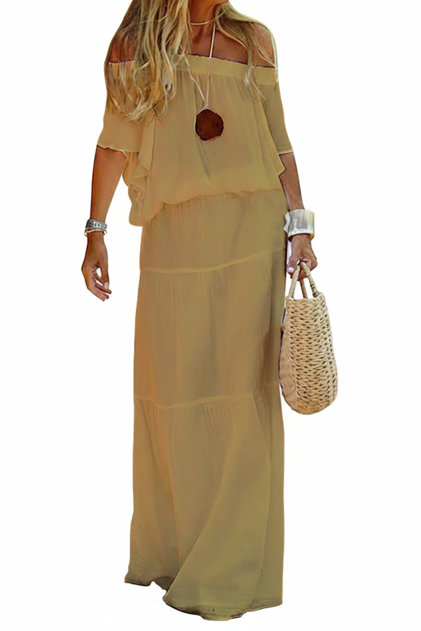 Dame Maxikjole | Off Shoulder Kjole | Elastisk Talje Til Sommerbrug | Vanero