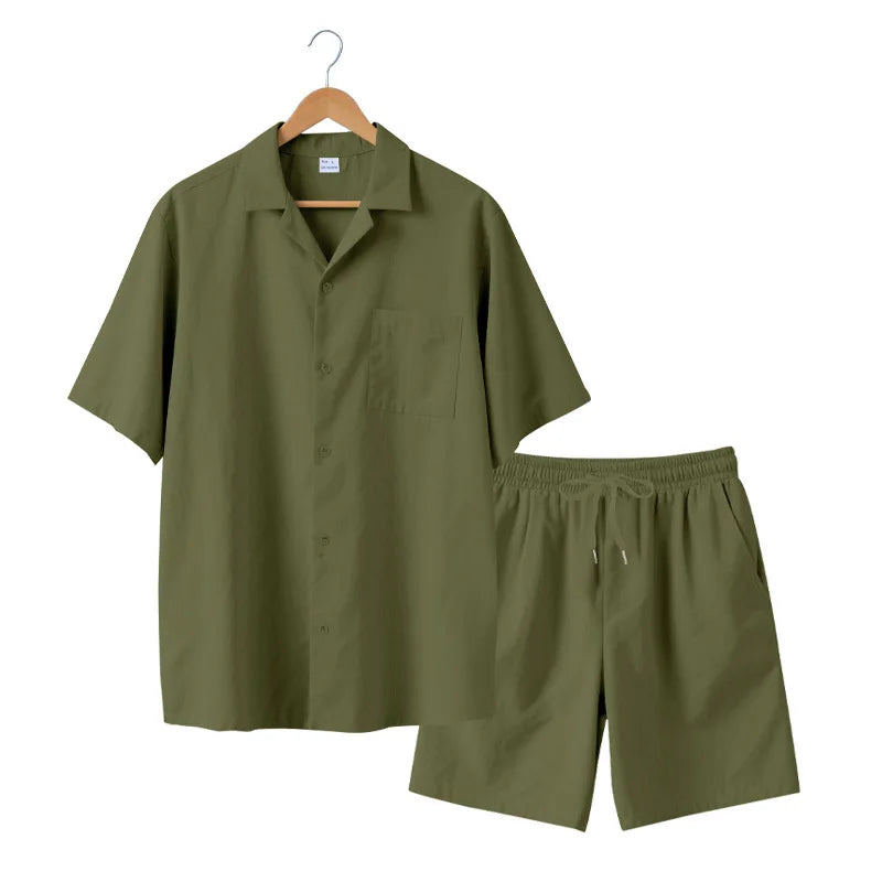 Herresæt Bomuld Polyester Blanding | Relaxed Fit Skjorte & Shorts Sæt | Knaplukning Skjorte til Sommerbrug & Fritidsaktiviteter | Vanero