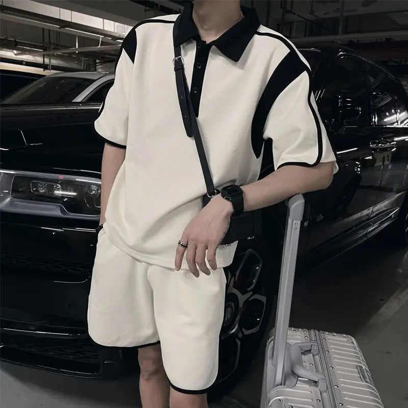 Herresæt Bomuld Polyester Blanding | Relaxed Fit To-Delt Sæt | Kontrastdetaljer med Shorts til Hverdagsbrug & Fritidsaktiviteter | Vanero