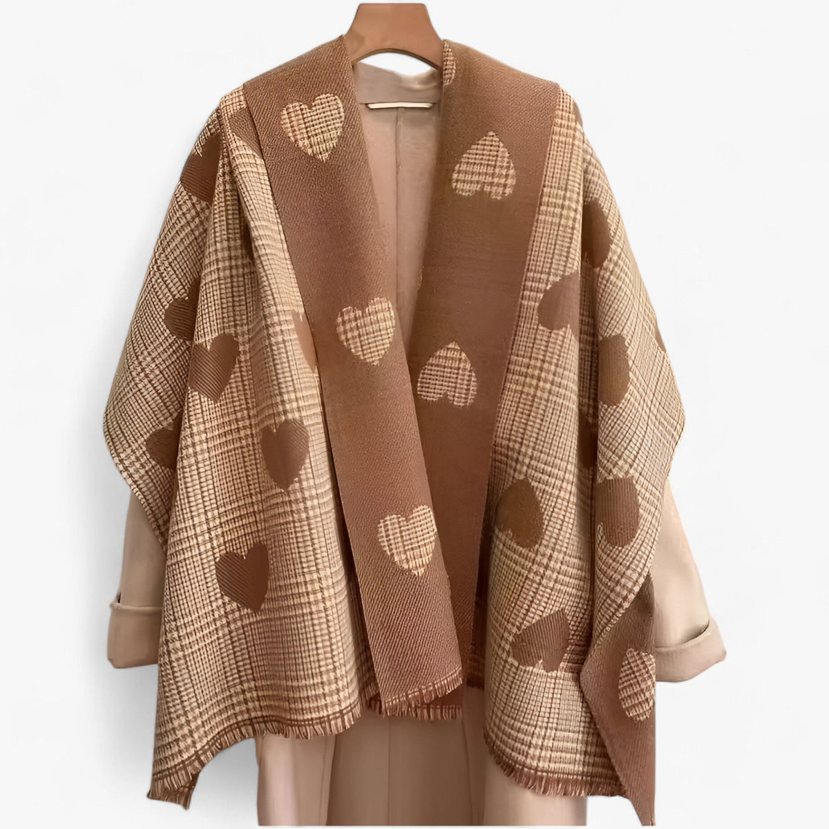 Dame Khaki Sjal i Imiteret Cashmere | Vendbart Hjerte- & Ternmønster | Langt Vintersjal Til Lag-På-Lag & Hverdagsbrug | Vanero