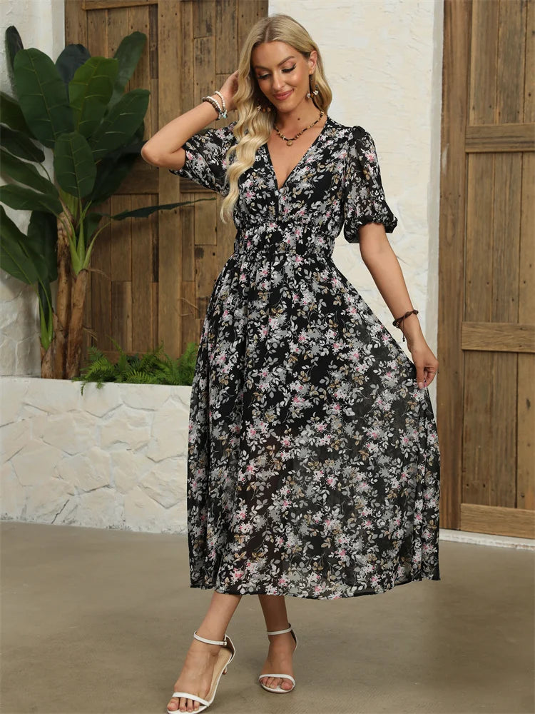 Dame Kjole Chiffon Polyester | A-Formet Chiffonkjole | Blomstermønster Til Hverdagsbrug & Fritid | Vanero