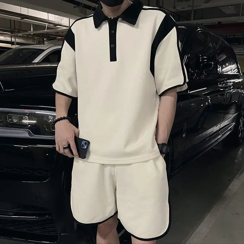 Herresæt Bomuld Polyester Blanding | Relaxed Fit To-Delt Sæt | Kontrastdetaljer med Shorts til Hverdagsbrug & Fritidsaktiviteter | Vanero