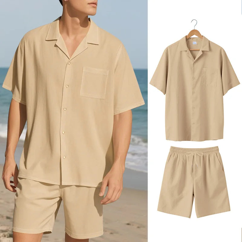 Herresæt Bomuld Polyester Blanding | Relaxed Fit Skjorte & Shorts Sæt | Knaplukning Skjorte til Sommerbrug & Fritidsaktiviteter | Vanero