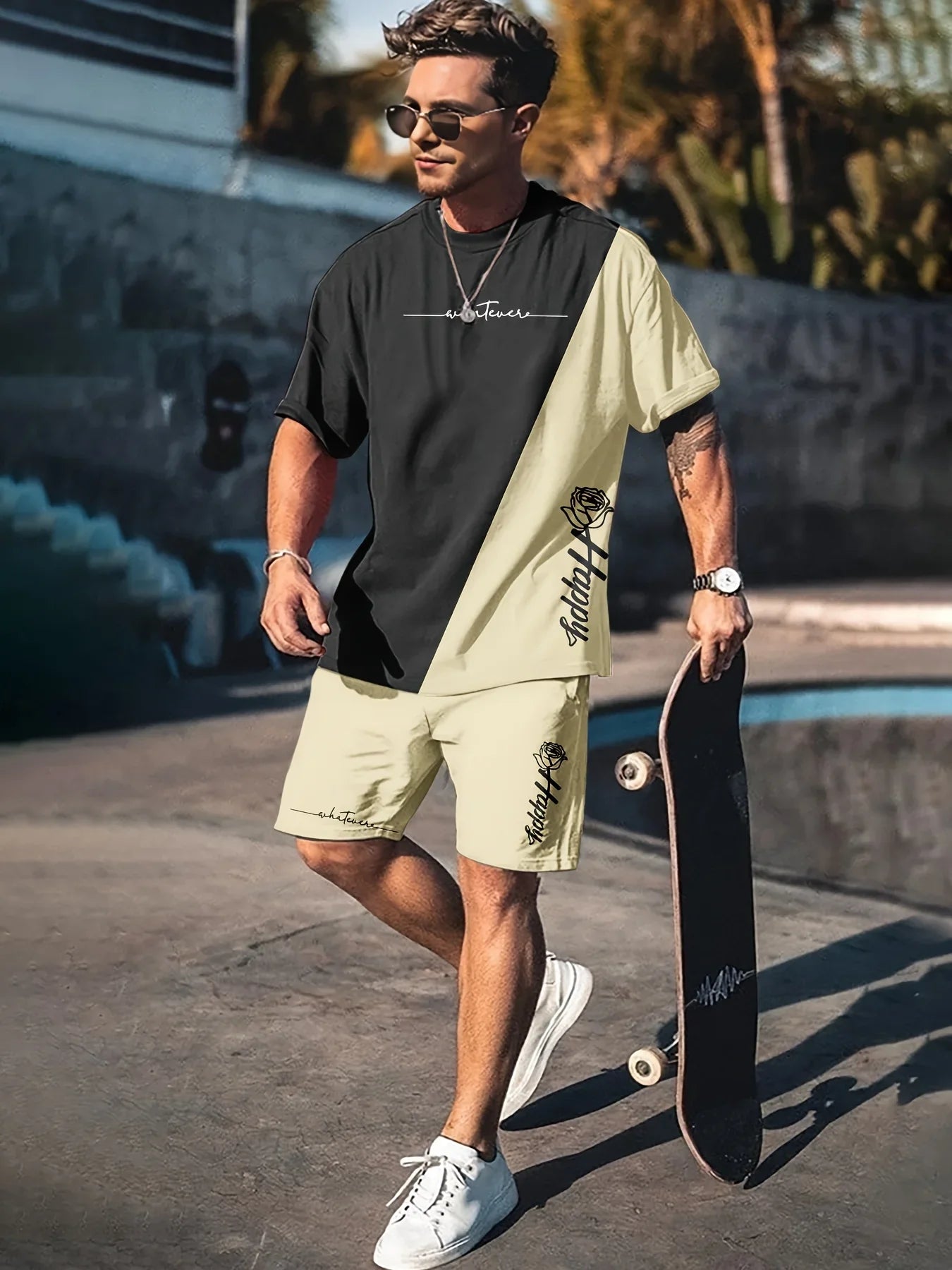 Herresæt Bomuld Polyester Blanding | Relaxed Fit T-Shirt & Shorts Sæt | Kontrastdesign til Hverdagsbrug & Fritidsaktiviteter | Vanero