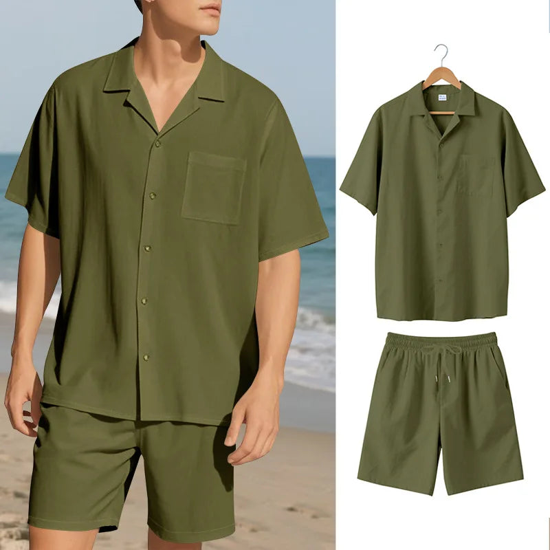 Herresæt Bomuld Polyester Blanding | Relaxed Fit Skjorte & Shorts Sæt | Knaplukning Skjorte til Sommerbrug & Fritidsaktiviteter | Vanero
