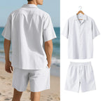 Herresæt Bomuld Polyester Blanding | Relaxed Fit Skjorte & Shorts Sæt | Knaplukning Skjorte til Sommerbrug & Fritidsaktiviteter | Vanero