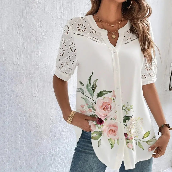 Blondebluse | Bluse med Broderet Blomstermotiv | Løs Pasform til Hverdagsbrug og Fritidsaktiviteter | Vanero