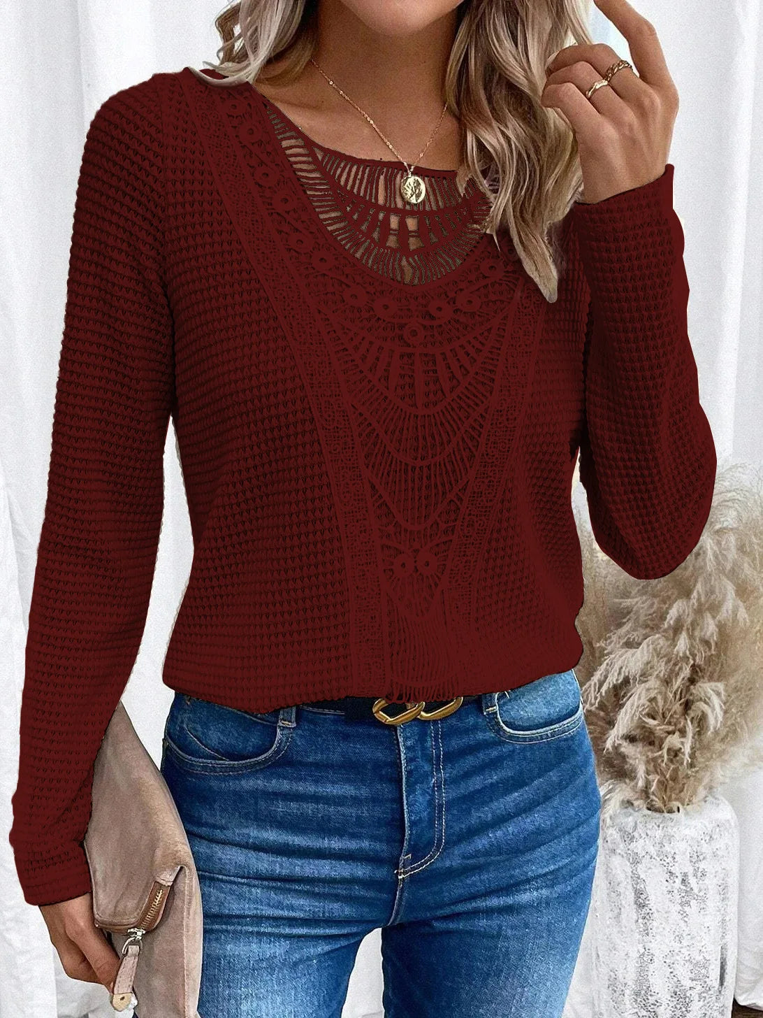 Bluse med Blonder | Struktureret Strik | Elegant & Boheme l Vanero