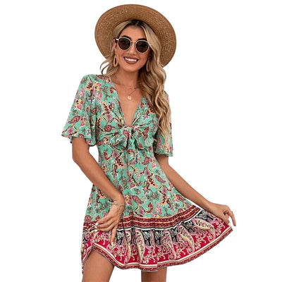 Delia | Stilfuld Paisley-Print Kjole med Bindebånd l Vanero