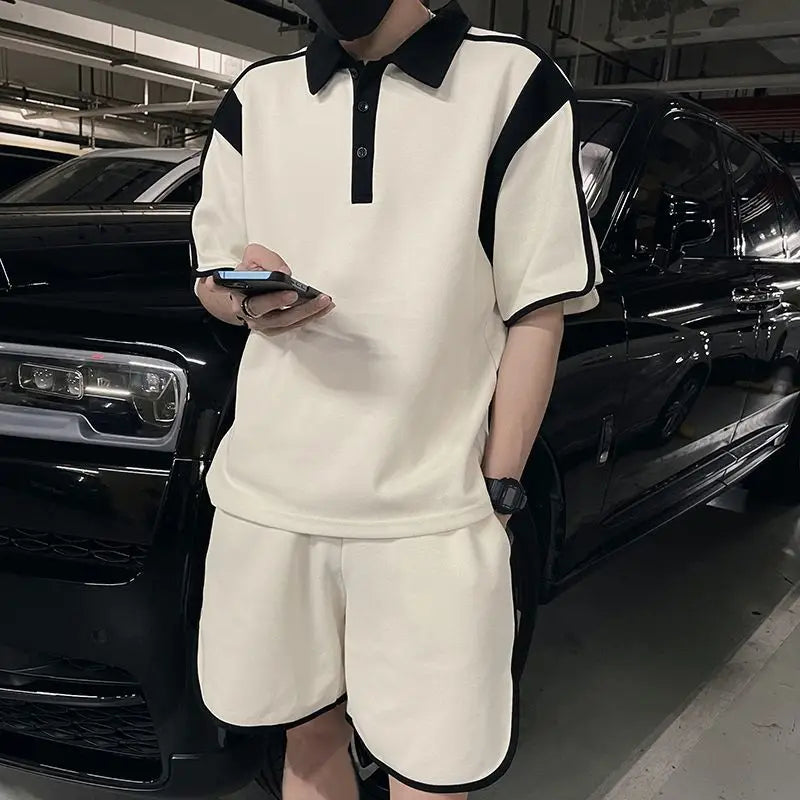 Herresæt Bomuld Polyester Blanding | Relaxed Fit To-Delt Sæt | Kontrastdetaljer med Shorts til Hverdagsbrug & Fritidsaktiviteter | Vanero