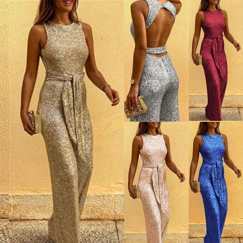 Jumpsuit i Tekstilmateriale | Regular Fit Glitter Jumpsuit | Glitterdetaljer til Arrangementer og Aftenbrug | Vanero