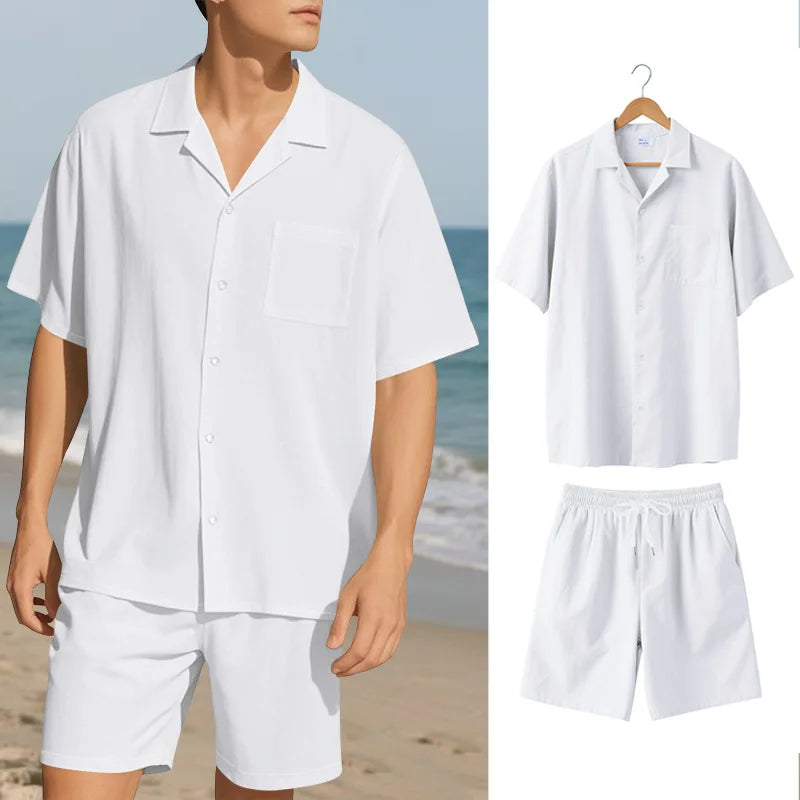 Herresæt Bomuld Polyester Blanding | Relaxed Fit Skjorte & Shorts Sæt | Knaplukning Skjorte til Sommerbrug & Fritidsaktiviteter | Vanero