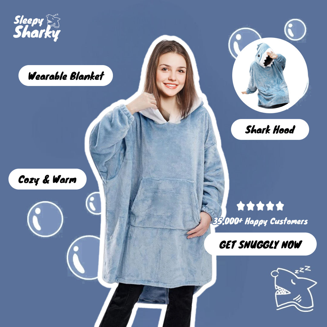 Lovise | Sleep Shark Super Blød Bærbar Haj Tæppe Hoodie Blå | Vanero