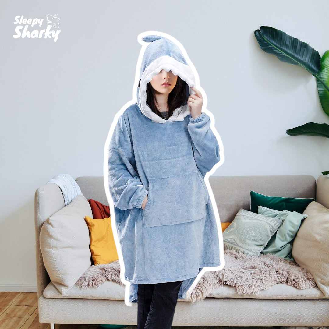 Lovise | Sleep Shark Super Blød Bærbar Haj Tæppe Hoodie Blå | Vanero