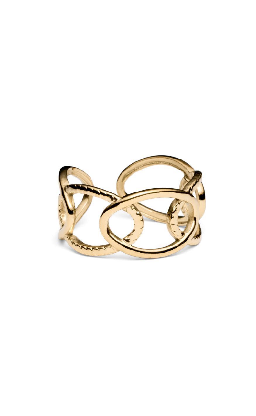 Svaneke Guldfarvet Rustfrit Stål | Justerbar Statement Ring | Skulpturelt Twist-Design til Hverdagsbrug & Smykkestyling | Vanero