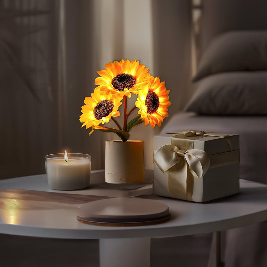 LED Bordlampe Med Solsikkedesign | USB Genopladelig Batterikonstruktion | Dekorativ Belysning Til Skriveborde Hylder Og Soveværelser | Vanero