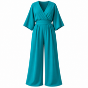 Jumpsuit I Polyester Til Dame | V-Udskæring & Brede Ben | Éndelsdesign Med Sidelommer Til Hverdag & Anledninger | Vanero