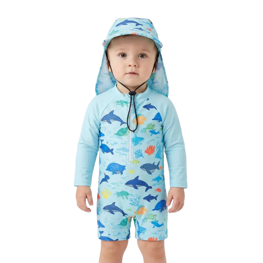 Småbørns Svømmeromper | Polyester Elastan Langærmet Badesæt Med Solhat | Strand Og Pool | Vanero