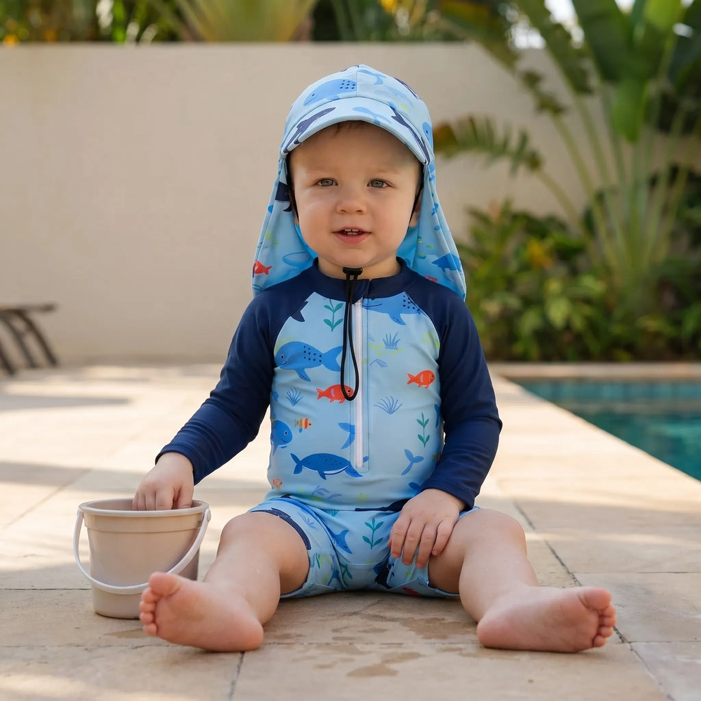 Småbørns Svømmeromper | Polyester Elastan Langærmet Badesæt Med Solhat | Strand Og Pool | Vanero