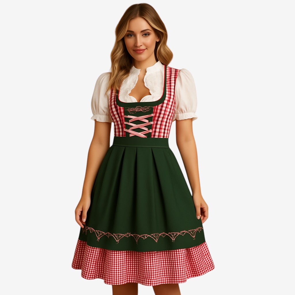 Oktoberfestkjole Til Dame | Polyester Med Dekorativ Snøring | Bayersk Inspireret Festkjole Med Pyntbånd & Korte Ærmer | Vanero