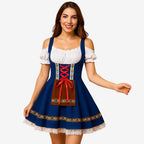 Oktoberfestkjole Til Dame | Polyester Med Dekorativ Snøring | Bayersk Inspireret Festkjole Med Pyntbånd & Korte Ærmer | Vanero