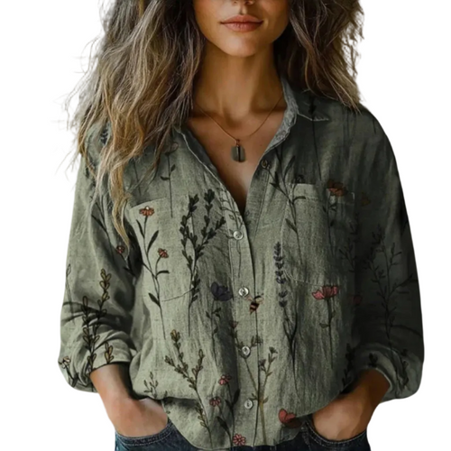 Dame Bluse | Vintage Print Bluse Design | Knaplukning med Lange Ærmer til Hverdagsbrug & Fritidsaktiviteter | Vanero