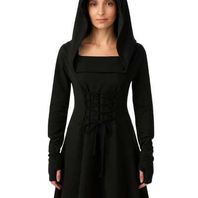 MoonShadow Gothic Kjole | Dame Cosplay Kjole med Hætte og Ærmer | Vanero