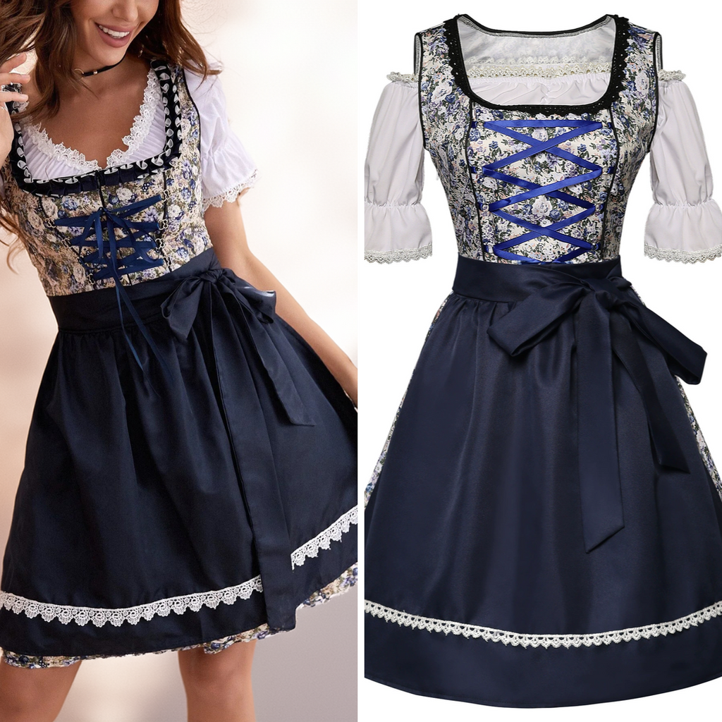 Dame Dirndl Kjole Bomuldsblanding Polyester | Almindelig Pasform Midikjole | Blomstermønster Med Forklæde Til Festivaler & Temafester | Vanero