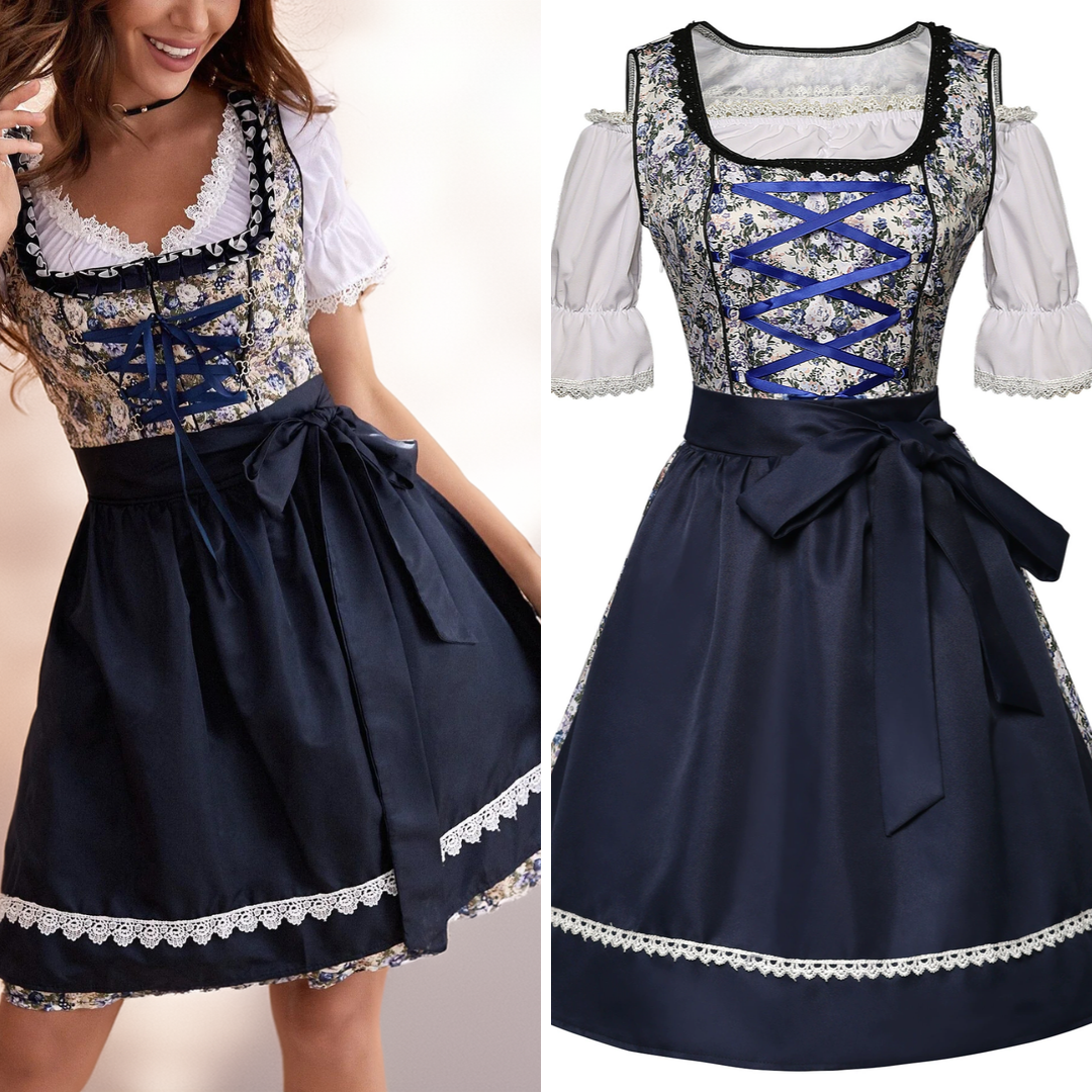 Dame Dirndl Kjole Bomuldsblanding Polyester | Almindelig Pasform Midikjole | Blomstermønster Med Forklæde Til Festivaler & Temafester | Vanero