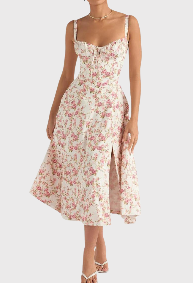 Kjole i Polyester- og Bomuldsblanding | Slim Fit Bustier Kjole | Blomsterprint til Hverdagsbrug og Arrangementer | Vanero
