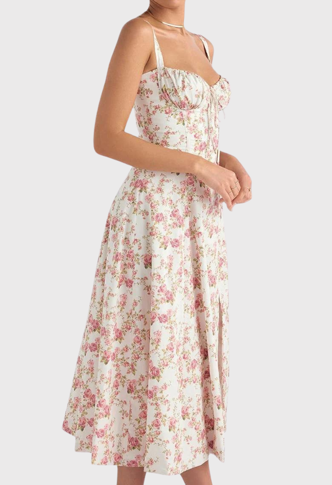 Kjole i Polyester- og Bomuldsblanding | Slim Fit Bustier Kjole | Blomsterprint til Hverdagsbrug og Arrangementer | Vanero