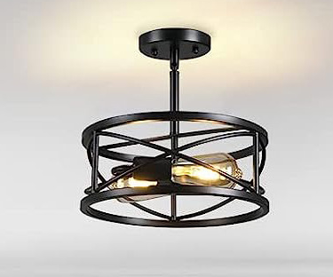 Loftlampe Med Tromleformet Ramme | Sort Metal Semi Flush Konstruktion | LED Belysning Til Stuer Og Spiseområder | Vanero