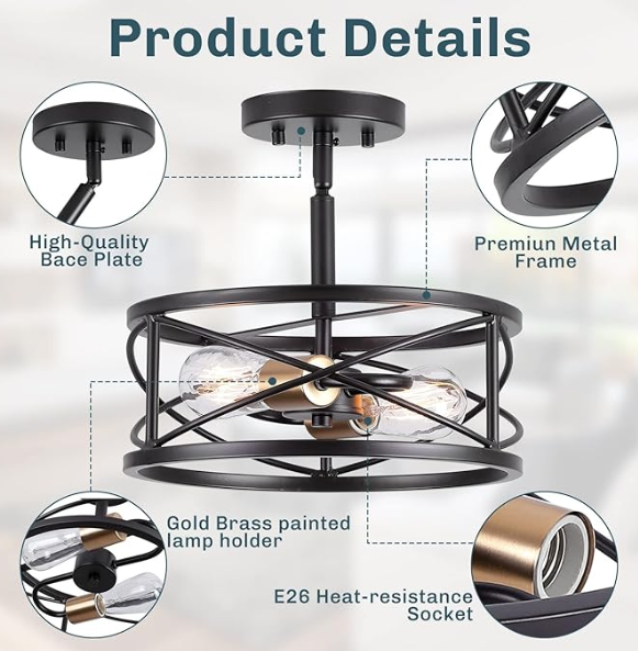 Loftlampe Med Tromleformet Ramme | Sort Metal Semi Flush Konstruktion | LED Belysning Til Stuer Og Spiseområder | Vanero